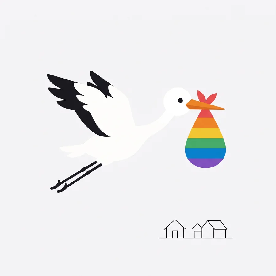 Illustration: ein Storch fliegt mit einem regenbogenfarbenen Bündel über eine kleine Siedlung
