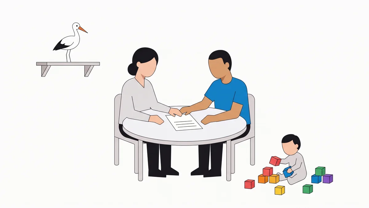 Illustration: zwei Erwachsene an einem Tisch mit einer Vereinbarung, daneben ein spielendes Kind