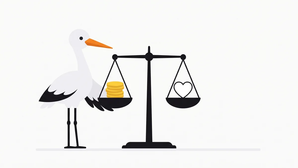 Illustration: eine ausgeglichene Waage mit einem Münzstapel und einem Herz, daneben ein Storch