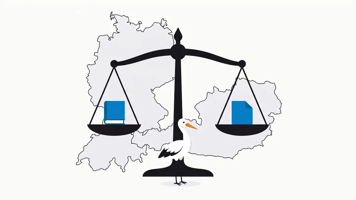 Illustration: eine Waage zwischen den Umrissen von Deutschland, Österreich und der Schweiz