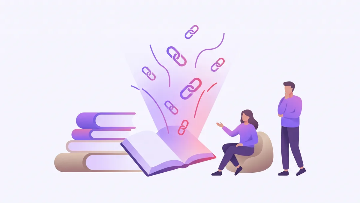 Illustration: ein Bücherstapel und ein aufgeschlagenes Buch mit aufsteigenden Verweisen