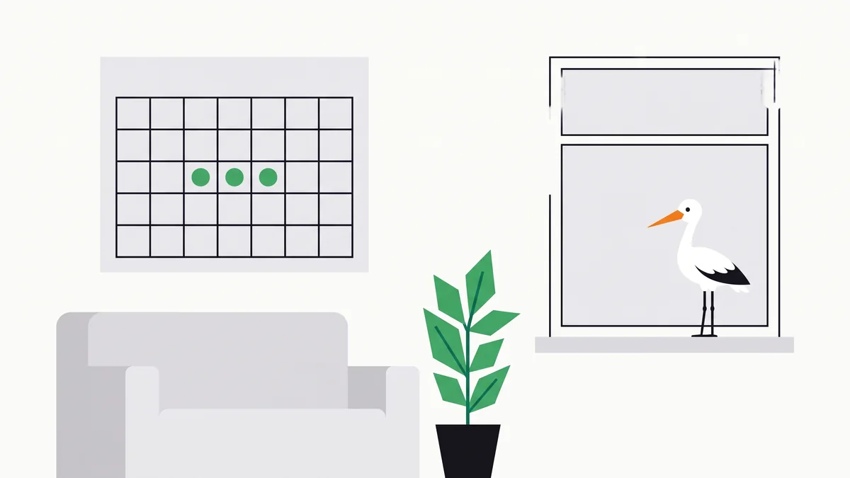 Illustration: ruhiger Wohnraum mit einem Kalender, auf dem Zyklustage markiert sind