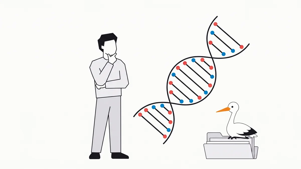 Illustration: eine nachdenkliche Person neben einer DNA-Doppelhelix